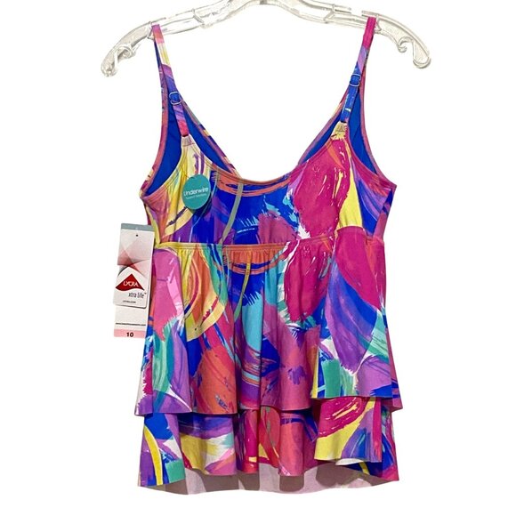 Beach House Tiered Tankini Top Size 10 Artsy Cruisewear Vacation Poolside Bright - Picture 3 of 5
